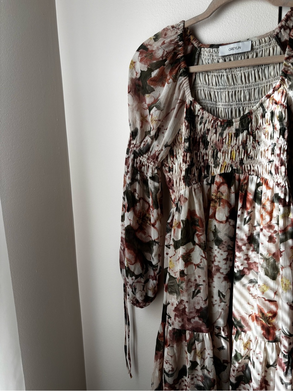 Greylin Floral Smocked Tiered Mini Dress Long Sleeve Boho (Fits Small, No Tag) - Picture 4 of 4